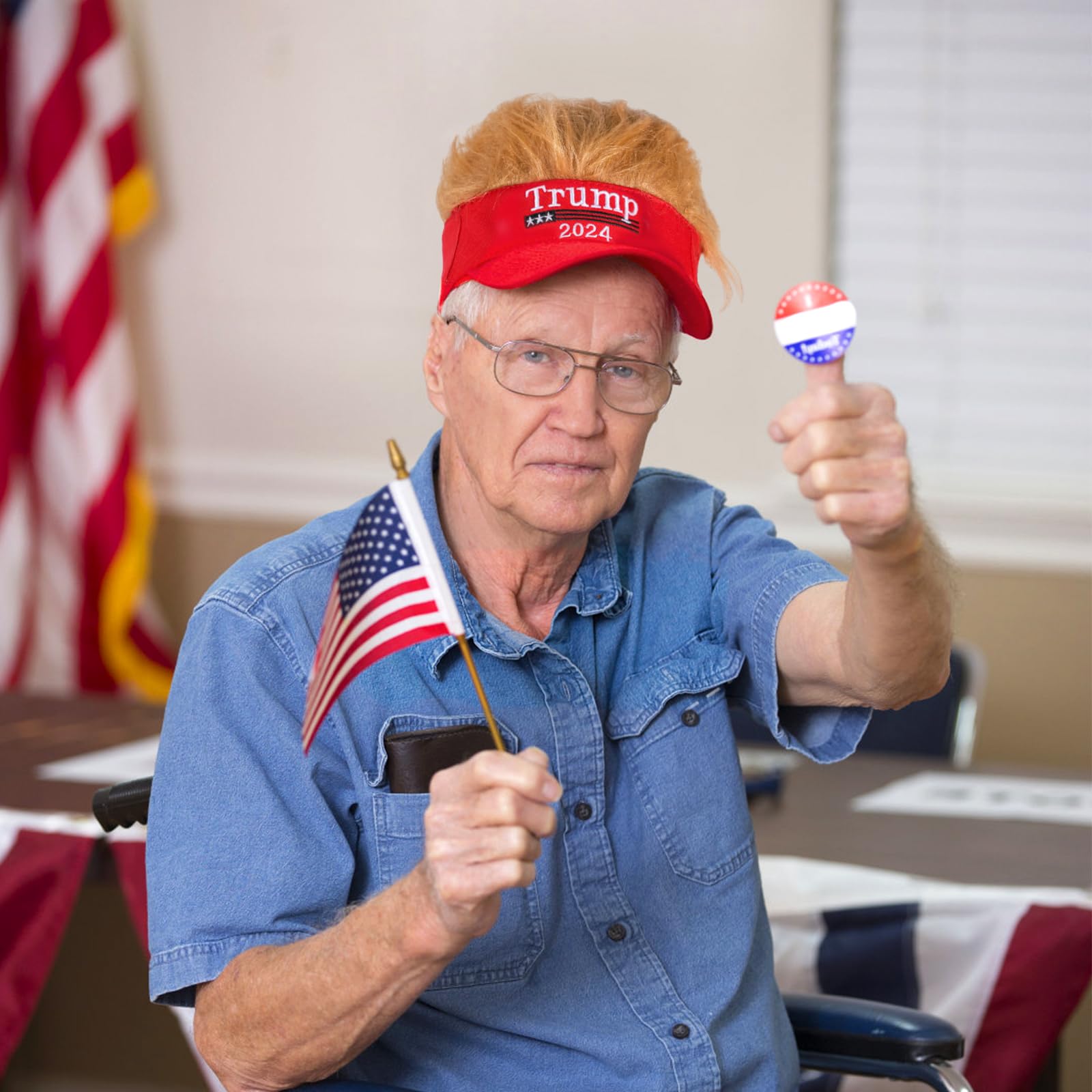 2024 Trump Hat with Hair, Embroidered Donald Trump Baseball Cap Adjustable wig hat MAGA President Trump Hat Funny