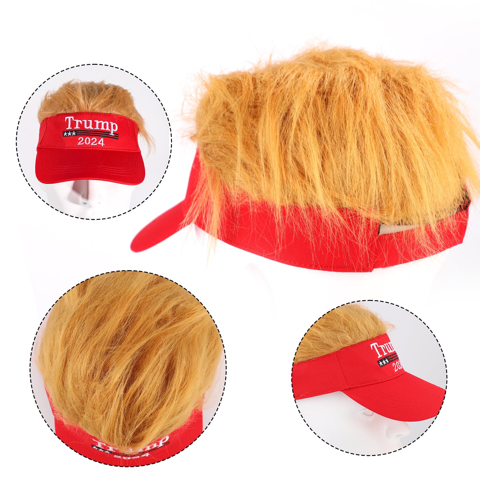 2024 Trump Hat with Hair, Embroidered Donald Trump Baseball Cap Adjustable wig hat MAGA President Trump Hat Funny